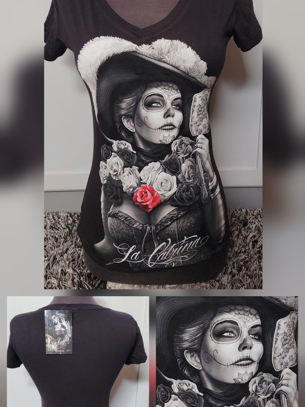 Y2K La Catrina Graphic V-Neck Tee - Black with Pink Accent